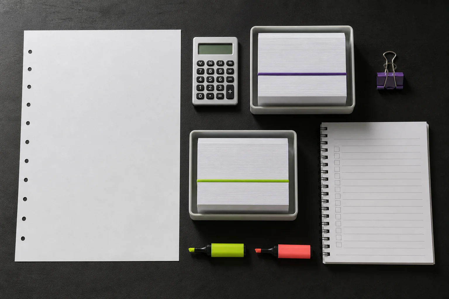 A cost-comparison still life with a blank scope sheet, calculator, separate card trays and maintenance checklist
