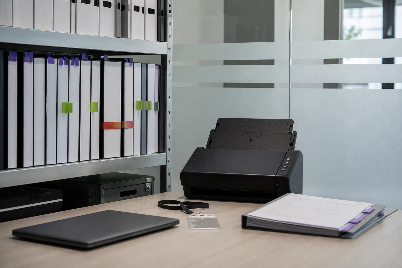 A Singapore office knowledge workspace with blank binders, source markers, a scanner and an unbranded access-card holder