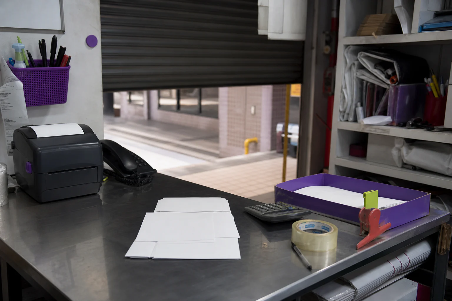 The back desk of a Singapore neighbourhood business with an order tray, label printer, calculator and follow-up markers