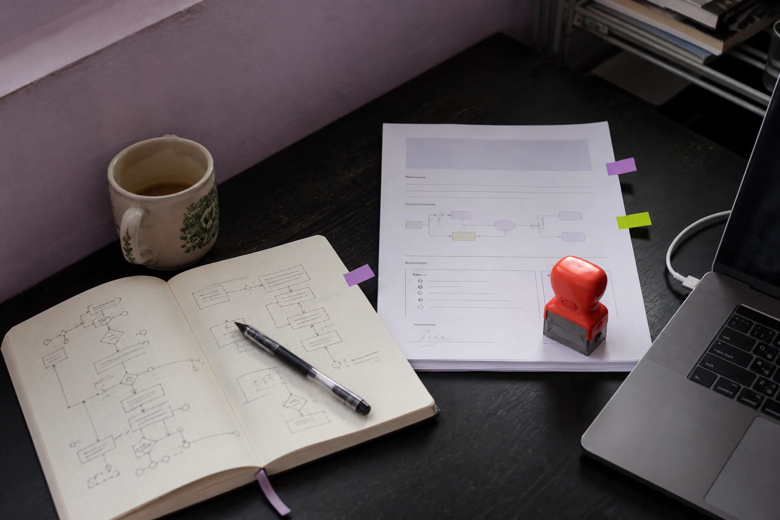 An integration workbench with a workflow notebook, one-page scope, approval stamp, laptop and coloured boundary tabs
