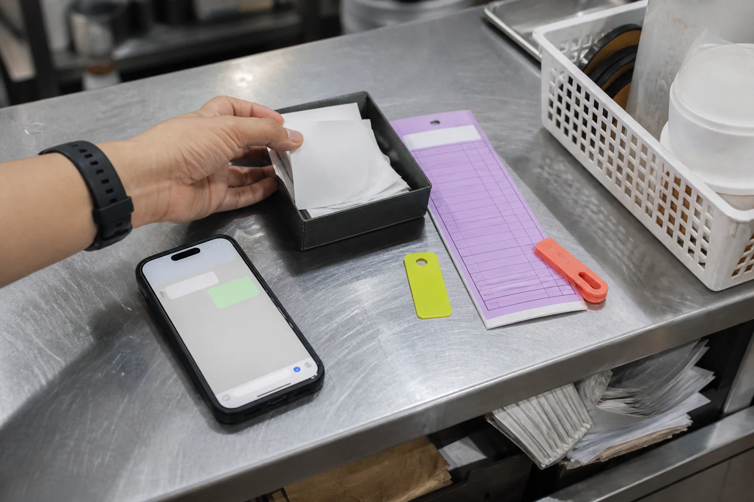 A Singapore small-business counter with an unbranded phone, blank message interface, order tray and handover markers