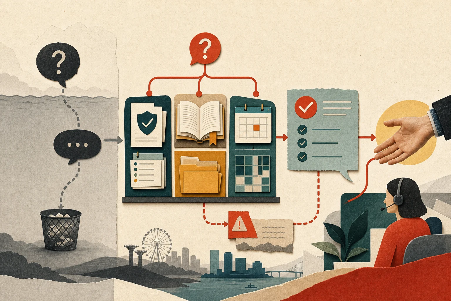 Uncertain questions passing through verified knowledge, policy checks and a visible human handoff