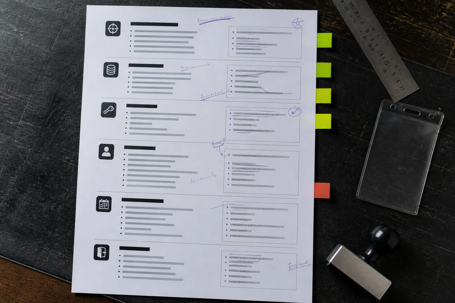 A one-page integration scope with separate sections, review marks, source tabs, a boundary marker and an approval stamp